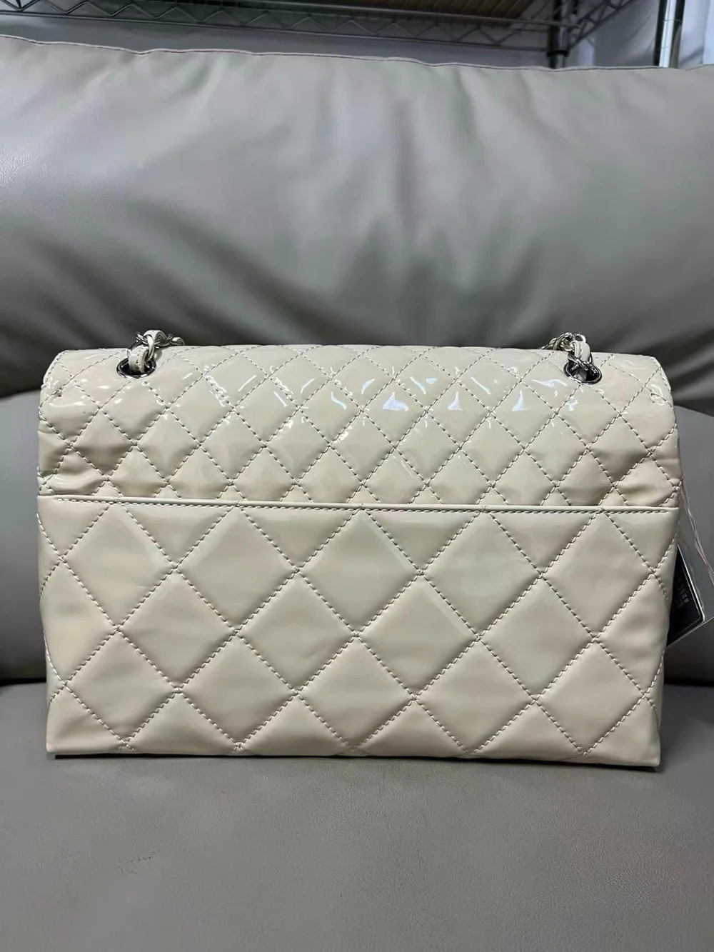 CHANEL Cream Quilted Patent Leather Shoulder Bag with Silver Chain